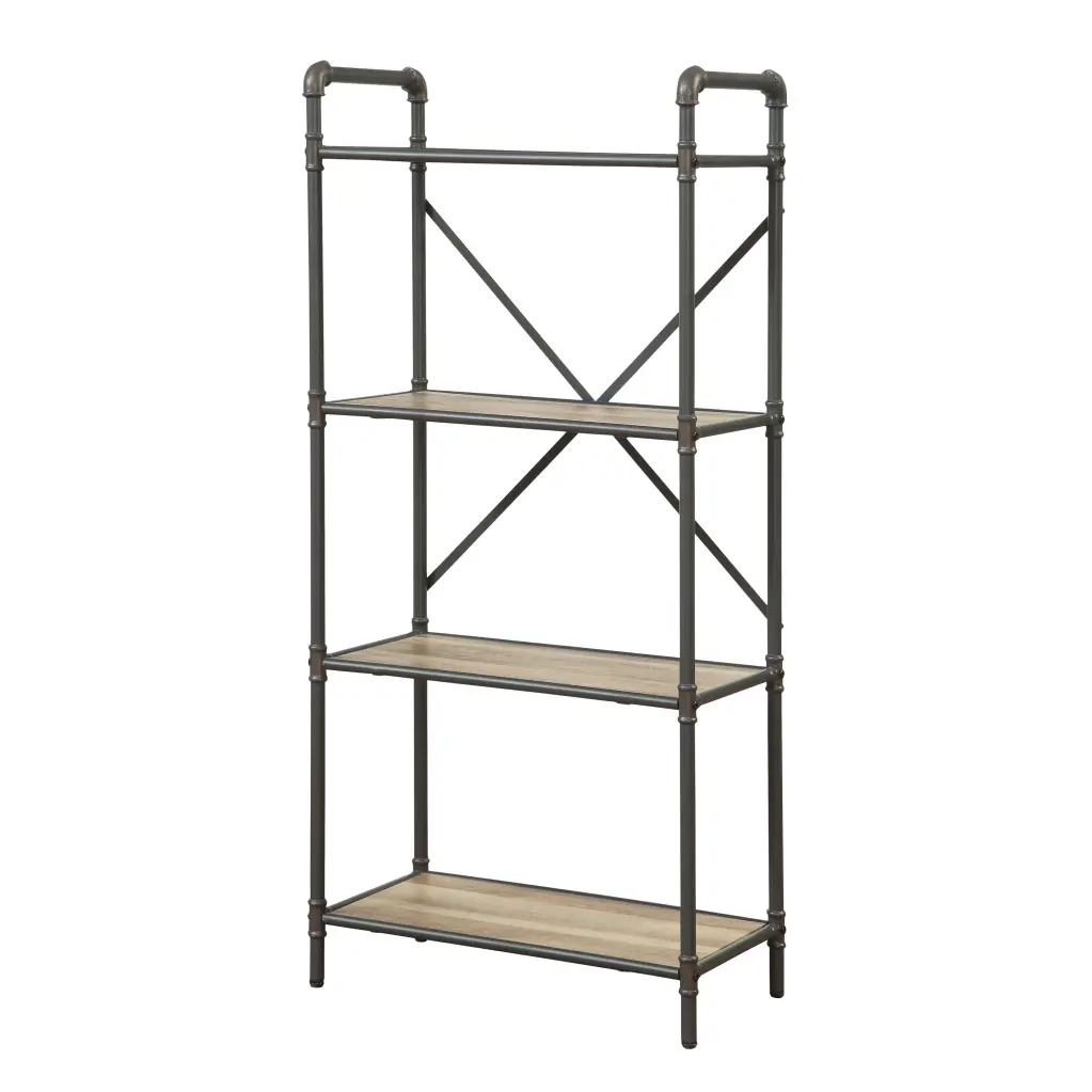 Antique Oak and Sandy Grey 4 Tier Bookcase Natural Grey Wood Metal Shelving Unit furniture max