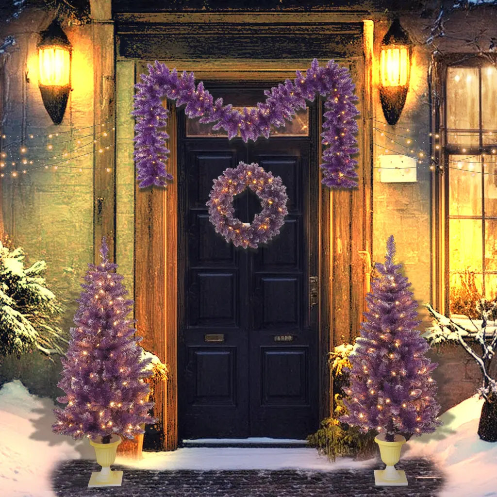 Pre Lit Christmas Artificial Tree 4 Piece Set Garland and Wreath Holiday Decor mrs