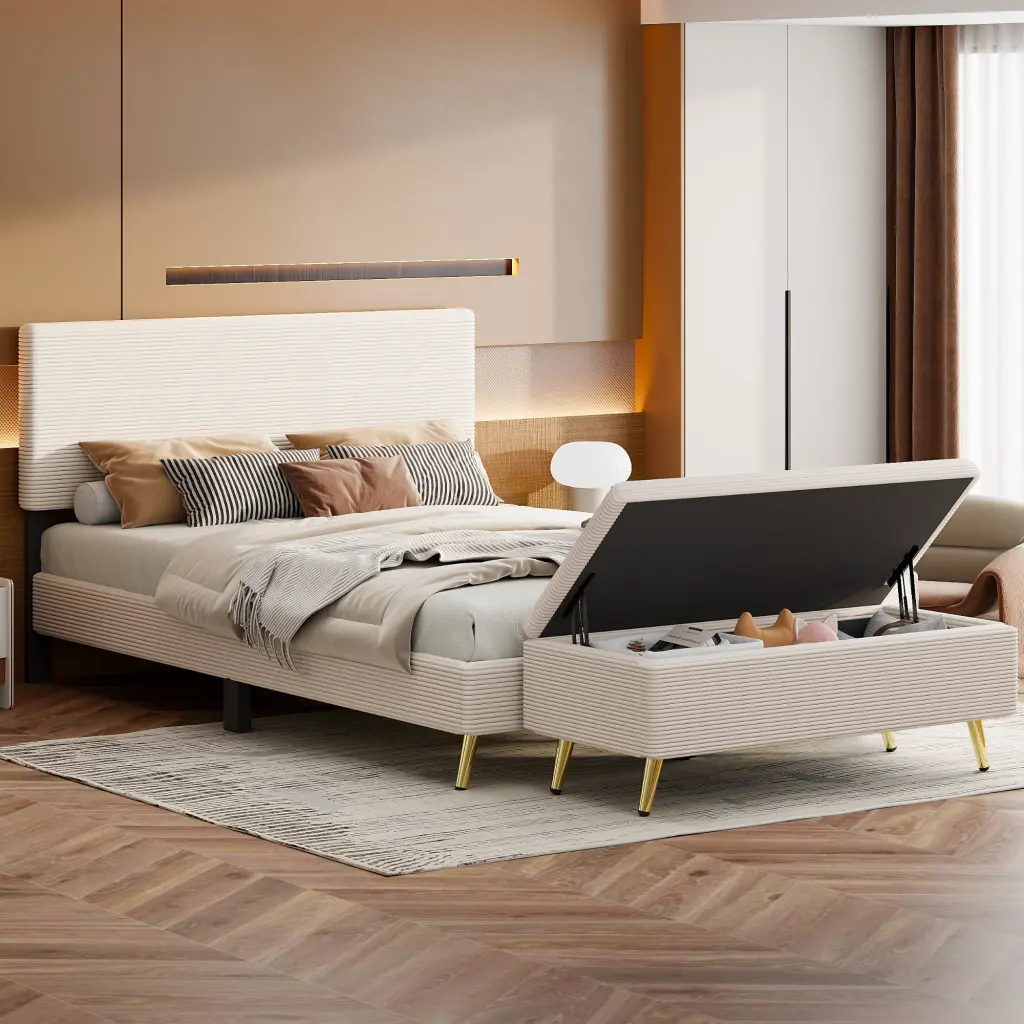 2 Pieces Queen Size Upholstered Bed Frame Modern Corduroy Bedroom Set homey life