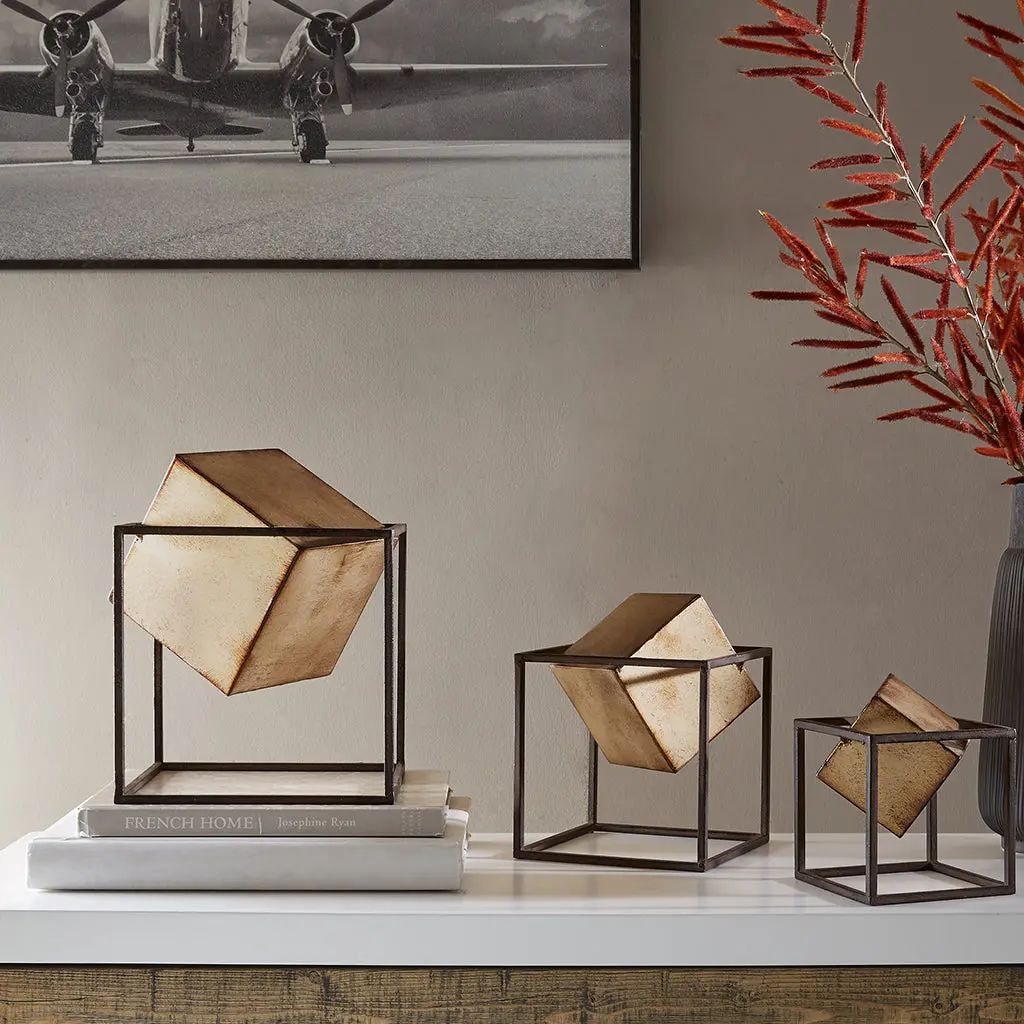 Quad Gold Cubes 3 Piece E-reader Top Decor Set Black Gold Metal Modern Display jla