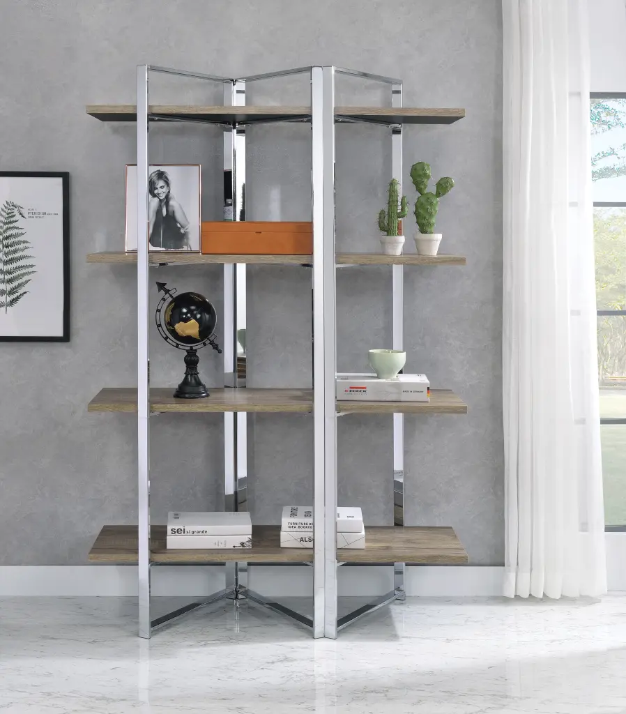 Natural And Chrome 4 Shelf Bookshelf Horizontal Modern Etagere furniture max