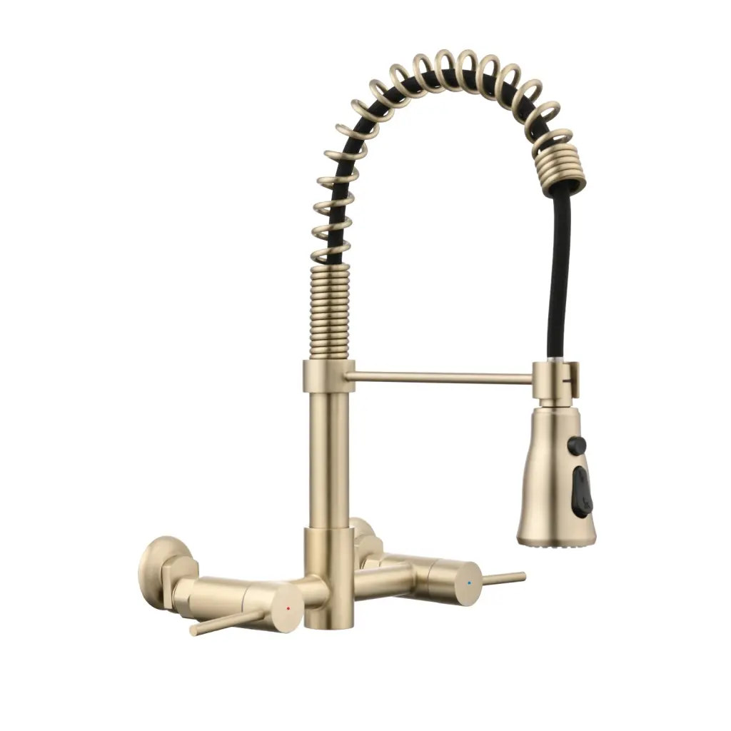3 Functions Wall Mounted Bridge Kitchen Faucet Brushed Gold Stainless Steel whale
