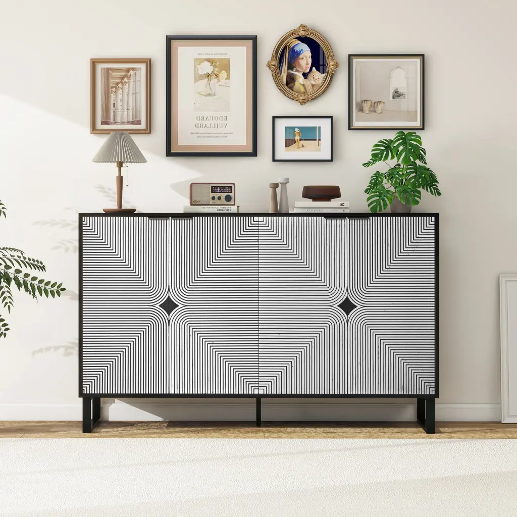 Carved 4 Door Sideboard Buffet Cabinet Storage Black Finish rnb