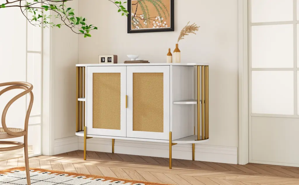 2 Door Elegant Curved Dining Cabinet Gold Trim And Woven Rattan Doors Buffet Storage rnb