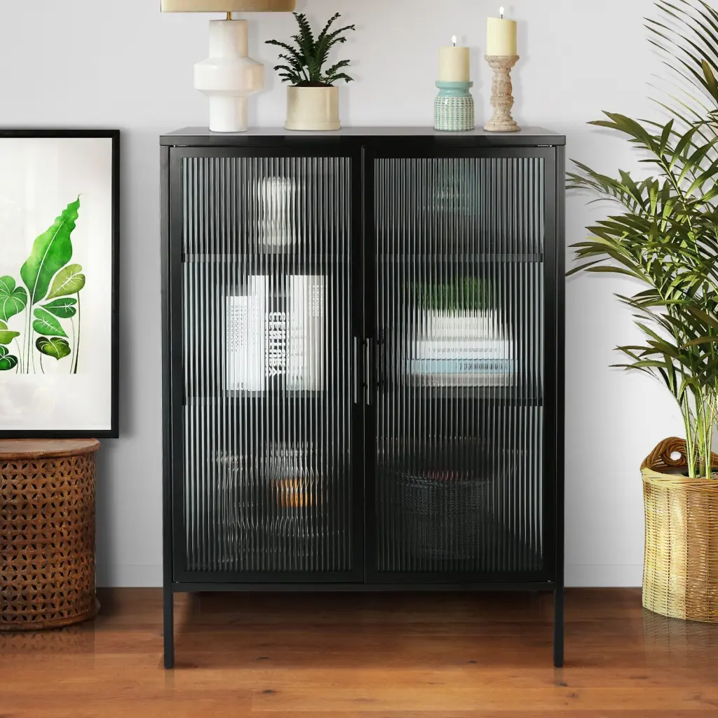 48 Inch Double Glass Door Storage Cabinet Sideboard Cabinet Adjustable Shelves golden walnut
