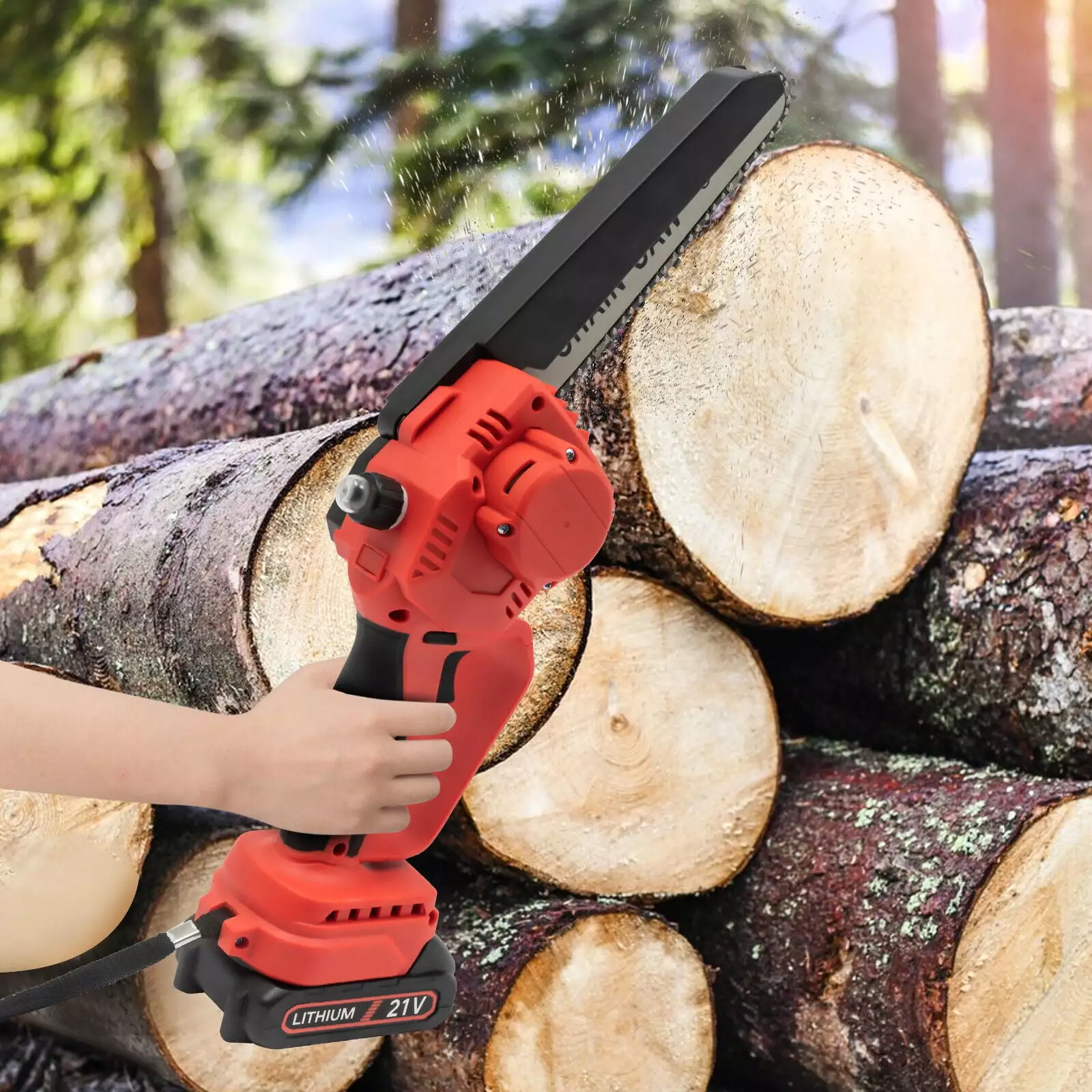 ZhdnBhnos 8'' Mini Electric Cordless Chain Saw Travel-friendly Battery-powered Wood Cutter Chainsaw Pruning Shears 21V 800W