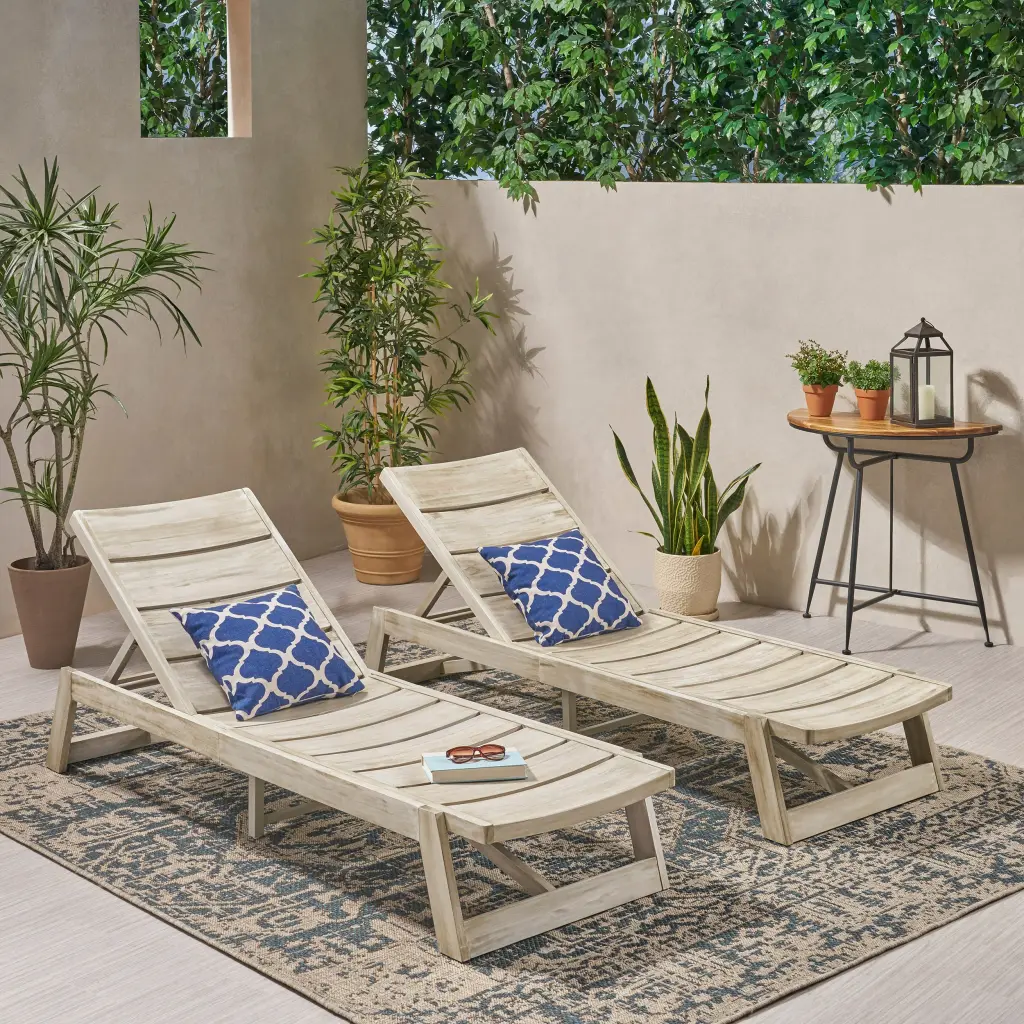 Maki Chaise Lounge Set 2 Grey Metal and Wood Outdoor Patio Furniture nh-perfect home