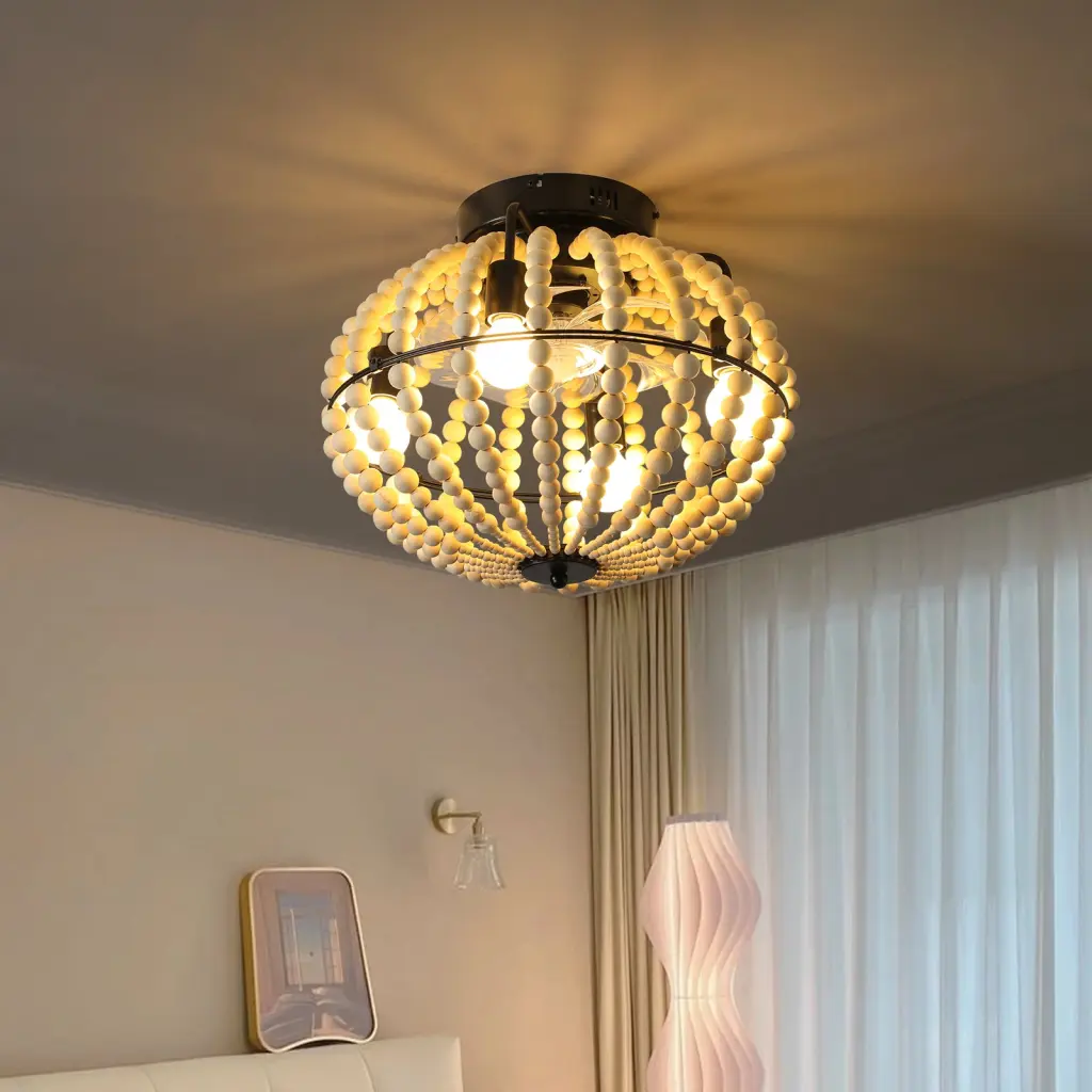 Beaded Fan Lamp Wood Beaded Chandelier Oak White Modern Iron Ceiling Light Fixture lighting commune