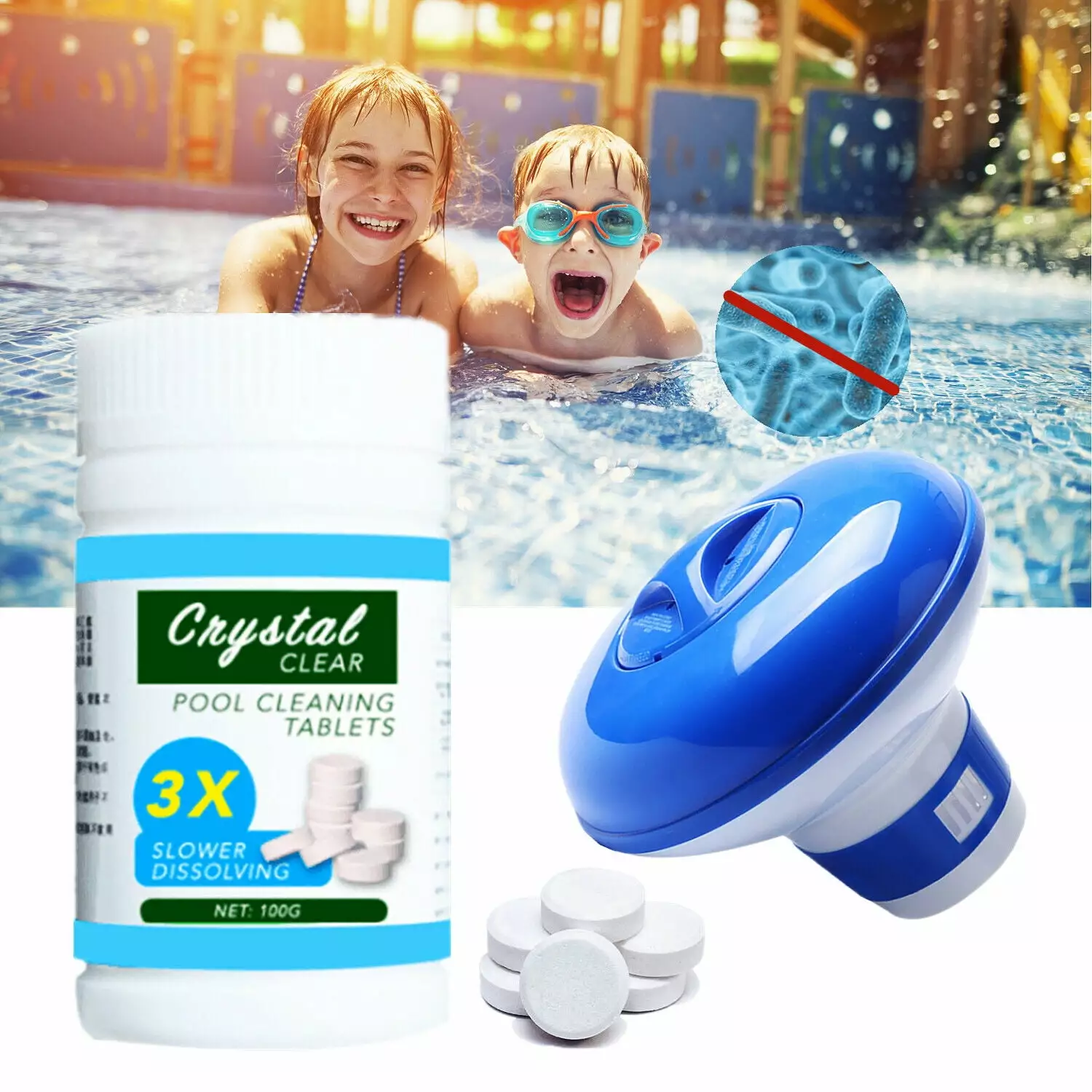 100 Tablet Pool Cleaning Tablet and Floating Chlorine Hot Tub Chemical Dispenser BSAH