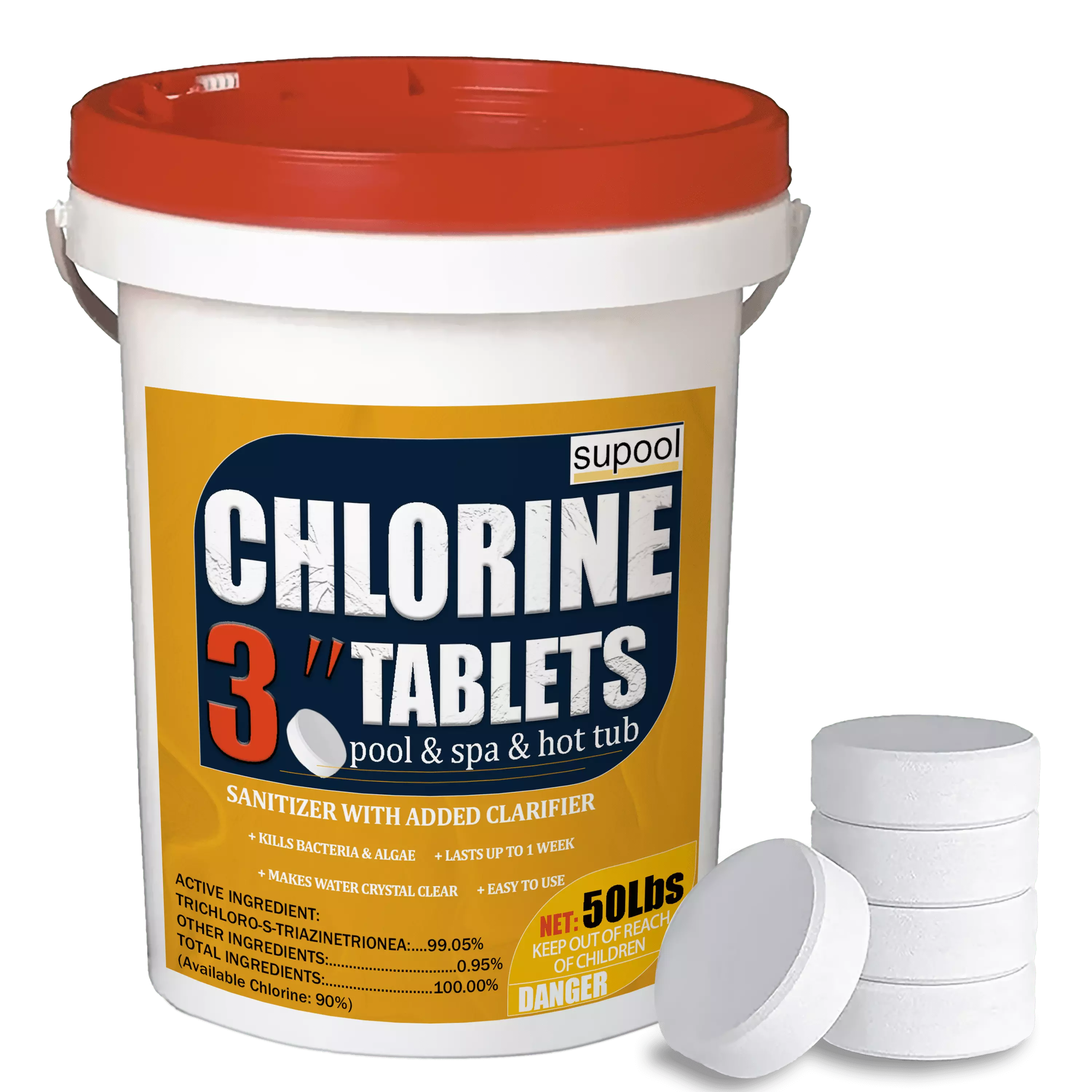 3 Inch 50 Lbs Stabilized Chlorine Tablets Slow Dissolving Sanitizing Swimming Pools Individually Wrapped supool