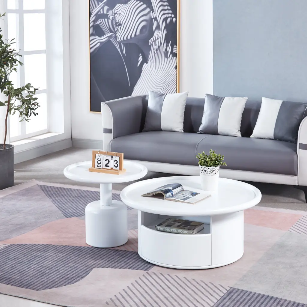 2 Pieces White MDF Round Coffee Table Set Living Room Bedroom Modern Style w1241 artisan furniture