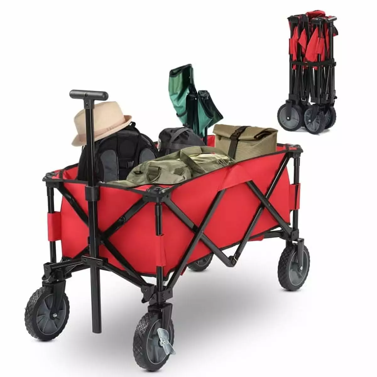 Al Fresco Collapsible Beach Wagon Cart Heavy Duty 150lbs. Garden Wagon Cart All-Terrain Wheels Camping. Red