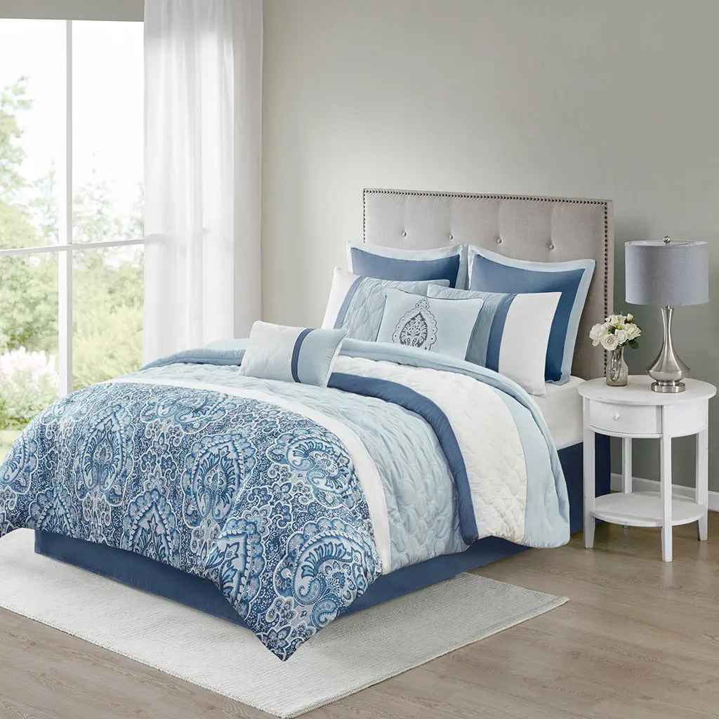 8 Piece Easeer Set Blue Polyester Bed Sheet Pillowcase Comforter jla