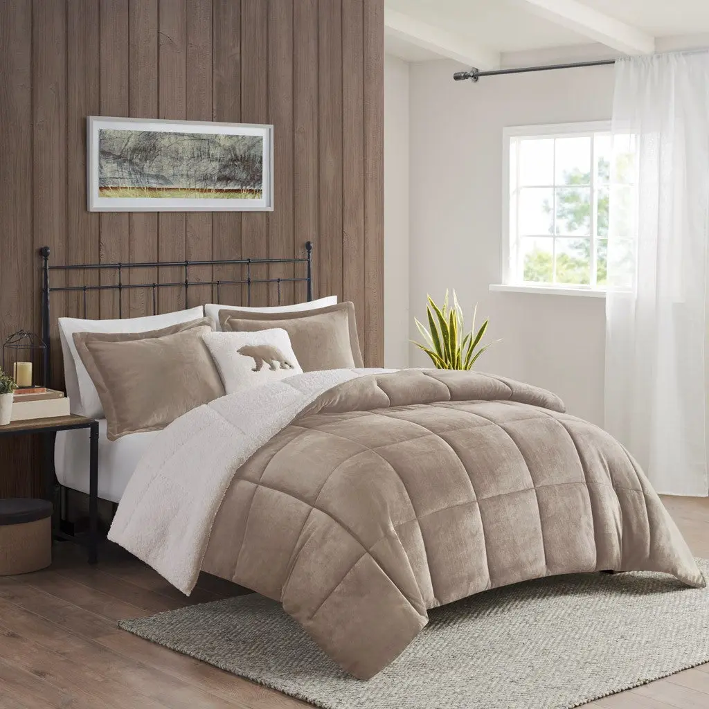 Plush to Sherpa Down Alternative Comforter Set Queen Taupe Ivory Polyester jla