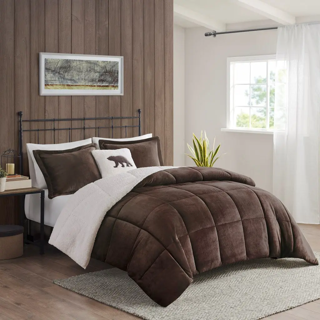 Queen Size Plush Sherpa Down Alternative Comforter Set Brown Ivory Polyester jla