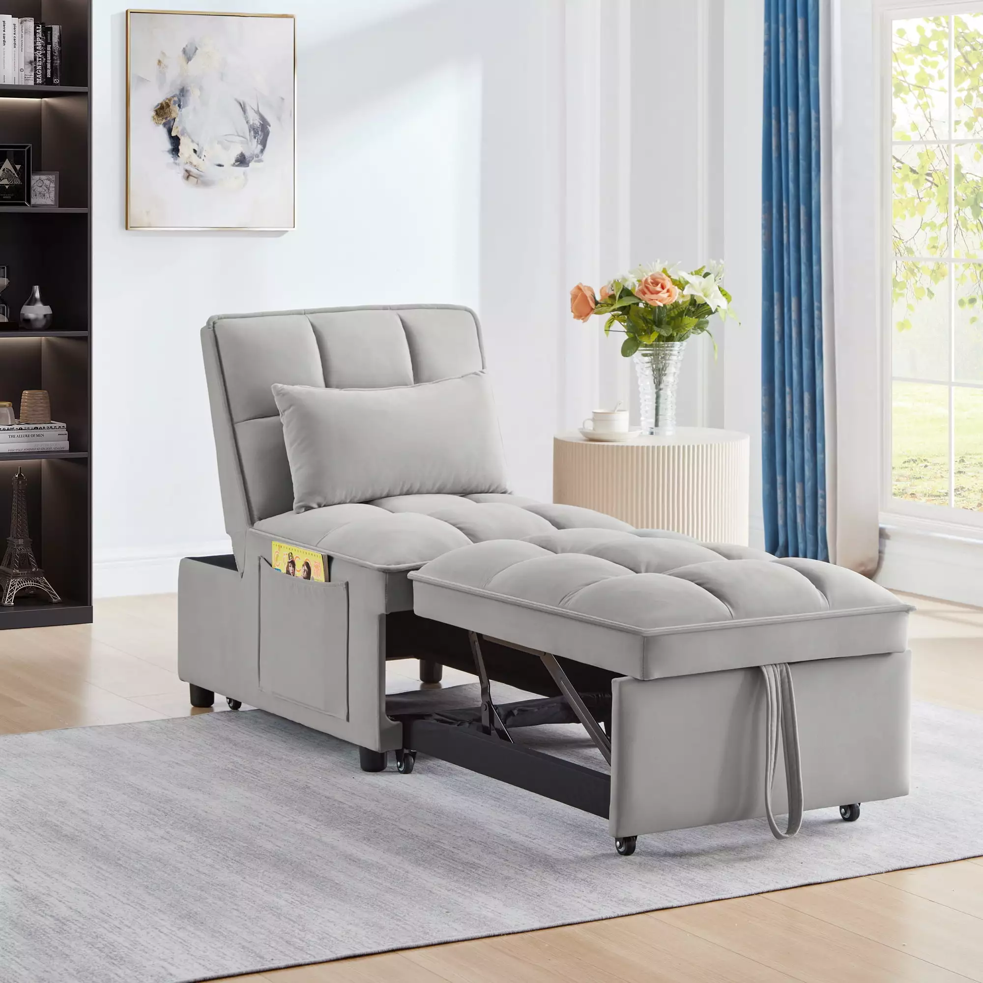 4 1 Multi-Function Single Sofa Bed Storage Pockets Tufted Pull-out Convertible Chaise Lounge Gray Trenda