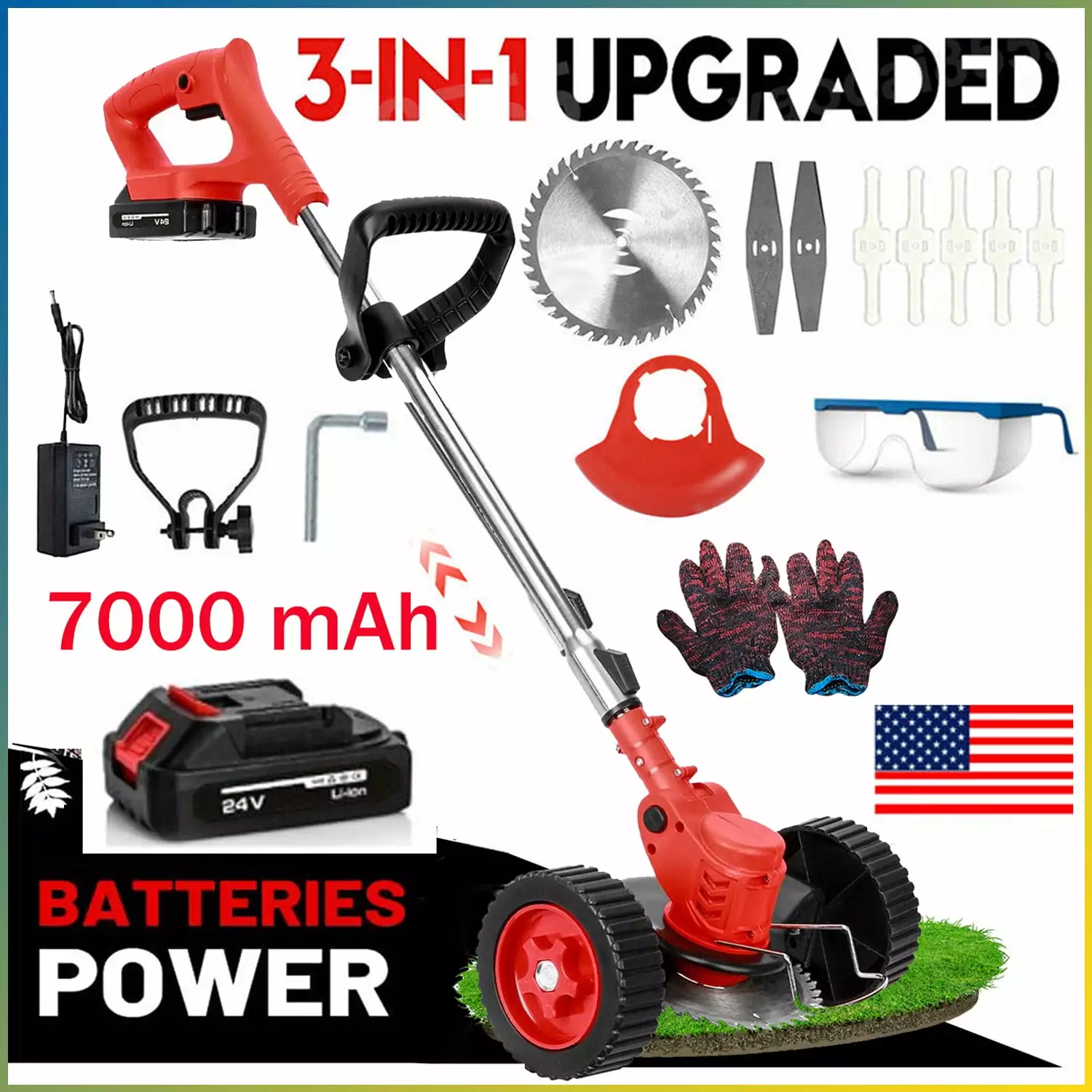 1500W Cordless Weed Eater - Electric Brush Cutter Lawn Edger - 24V Grass String Trimmer smallzonex