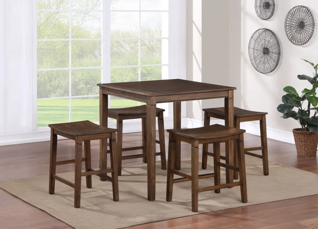 Space-saving Farmhouse 5 Pack Counter Dining Set Plank Effect Table Top Stools steve silver furniture