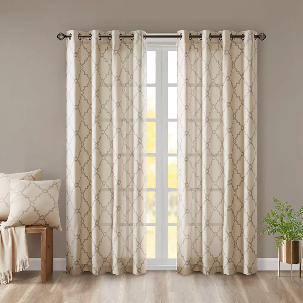 Fretwork Print Grommet Top Window Drape Panel Only 1 Piece Beige jla