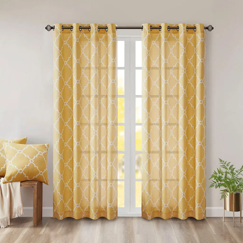 Fretwork Print Grommet Top Window Curtain Panel Yellow 1 Pc jla
