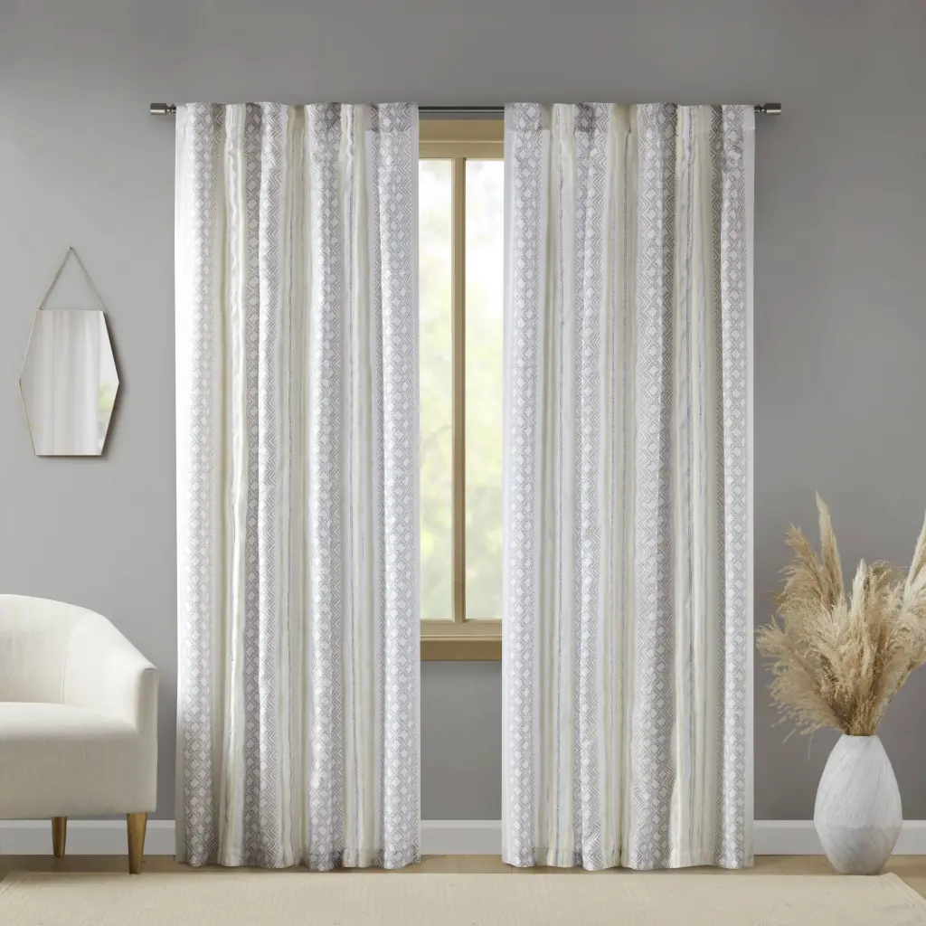2 Pack Poly Printed Curtain Panel Tufted Stripe - White Taupe 50 Inch Window Curtains jla