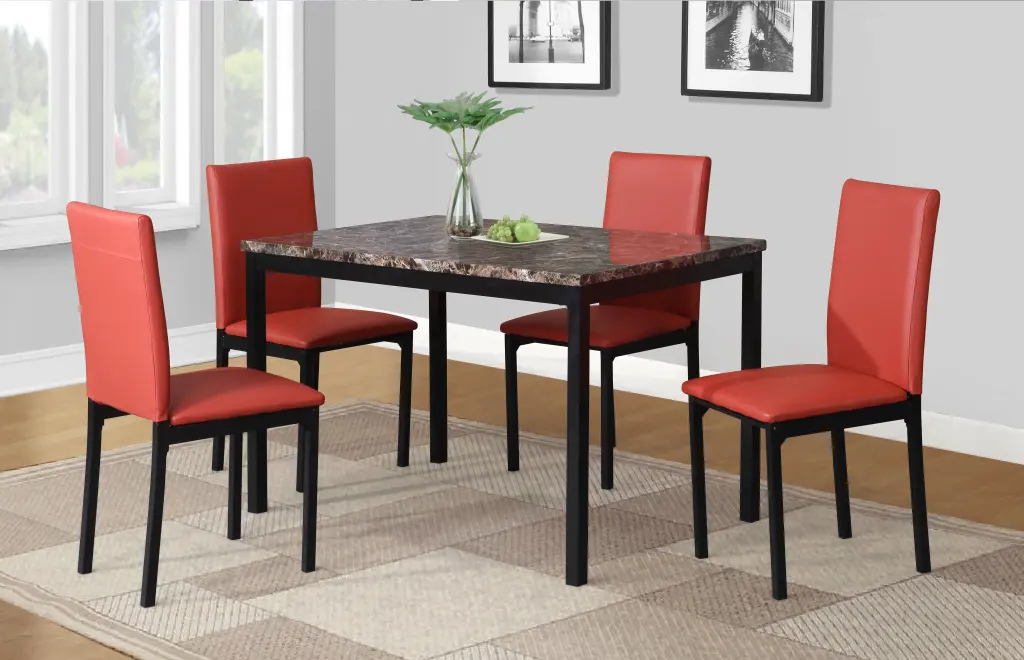 Citico 5 Piece Metal Dinette Set Laminated Faux Marble Top Red hz