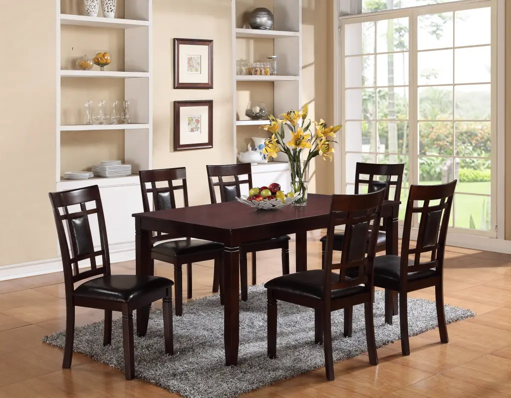 7 Pc Dinette Set Brown Espresso Finish Rectangular Table Faux Leather kanepe