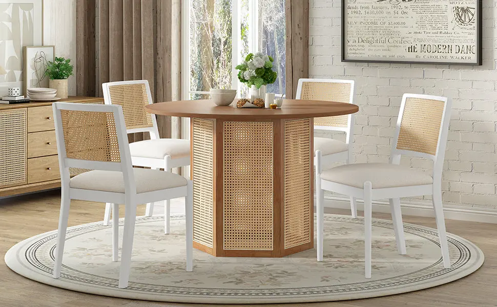 5 Piece Rattan Round Dining Table Set Hexagonal Base Wood Kitchen Table rnb