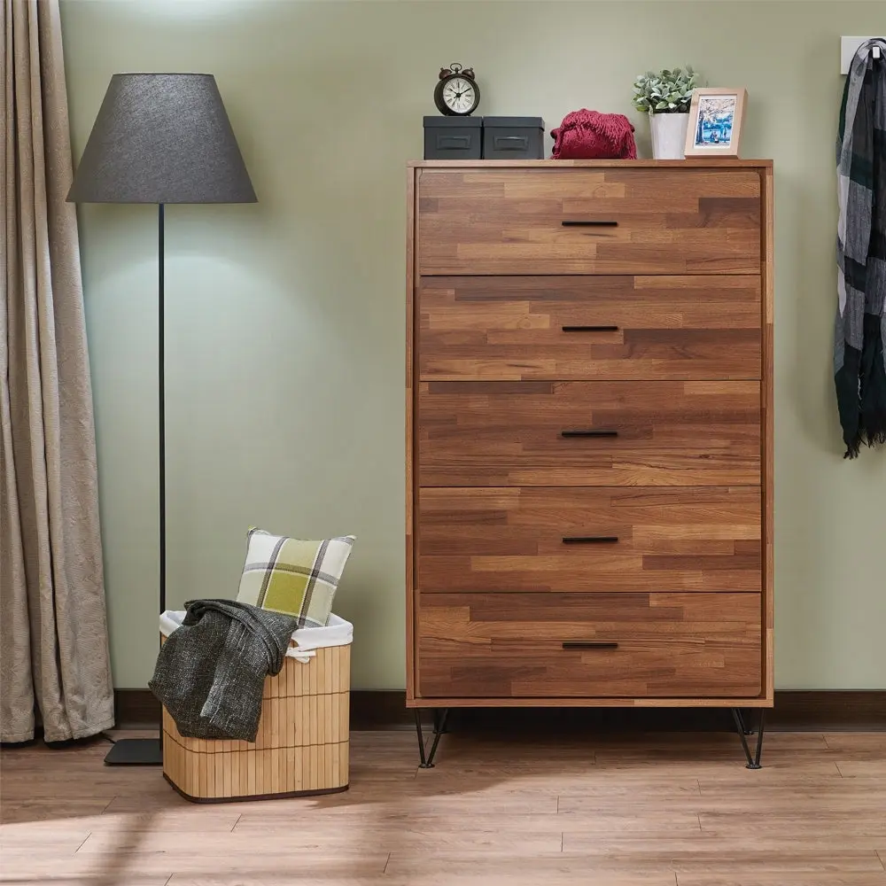 Walnut 5 Drawer Chest Metal Legs Bedroom Contemporary Dresser furniture max