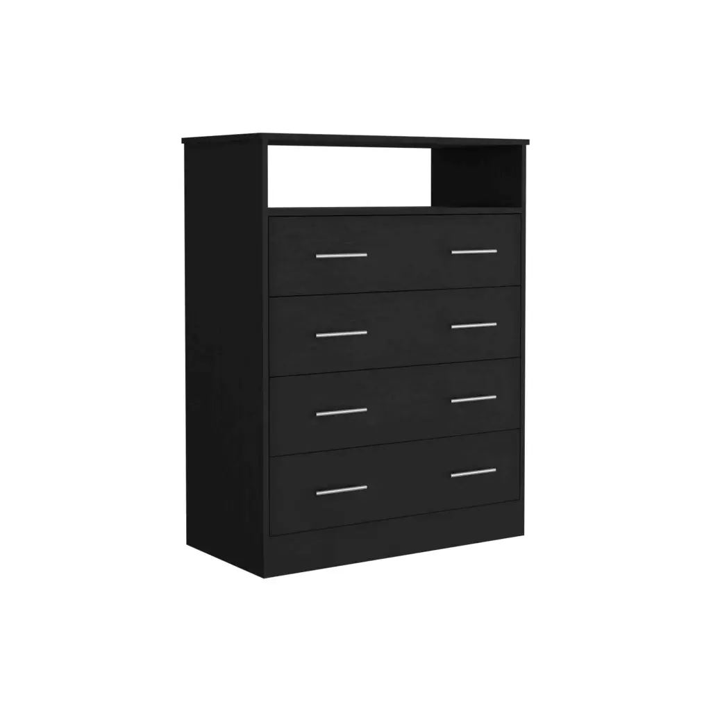 Four Drawer Dresser High-Quality Top and One Open Shelf Black Solid Wood depot e-shop