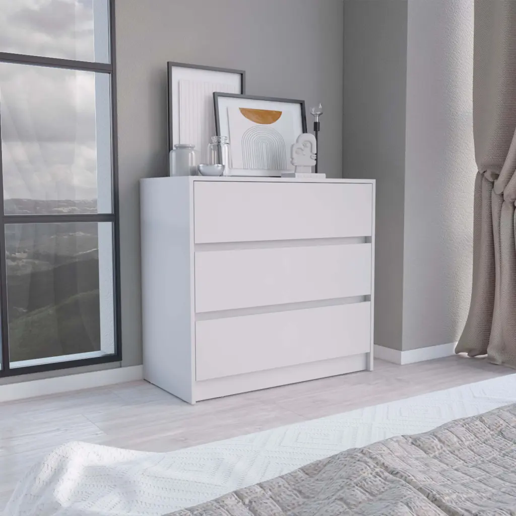 Gown Chest 31 Inches High 3 Drawers White Particle Board Bedroom Dresser depot e-shop