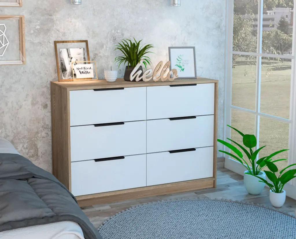 Longhill 6 Drawer Rectangle Dresser Pine and White Particle Board furniture max