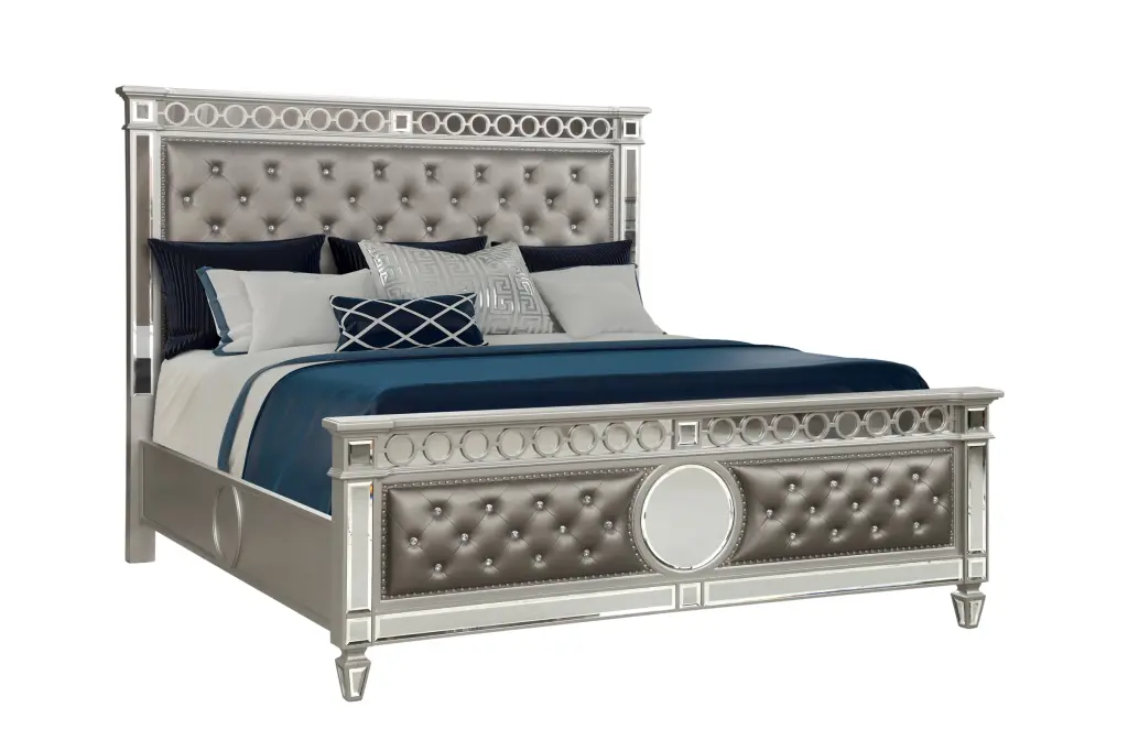 Symphony Modern Crystal Tufted Upholstery Ringed Mirror Front Dresser galaxy home furnishings