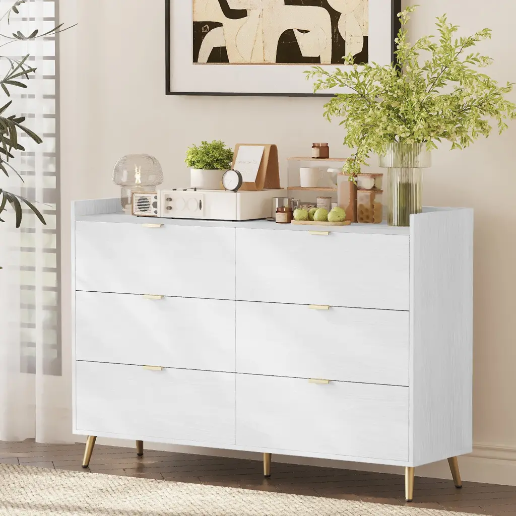 55 Inch Long 6 Drawer Dresser Marbling Worktop Modern Storage Cabinet homey life