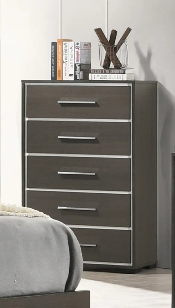 Contemporary 5 Drawer Chest Chrome Accents Gray Rustic Finish kanepe