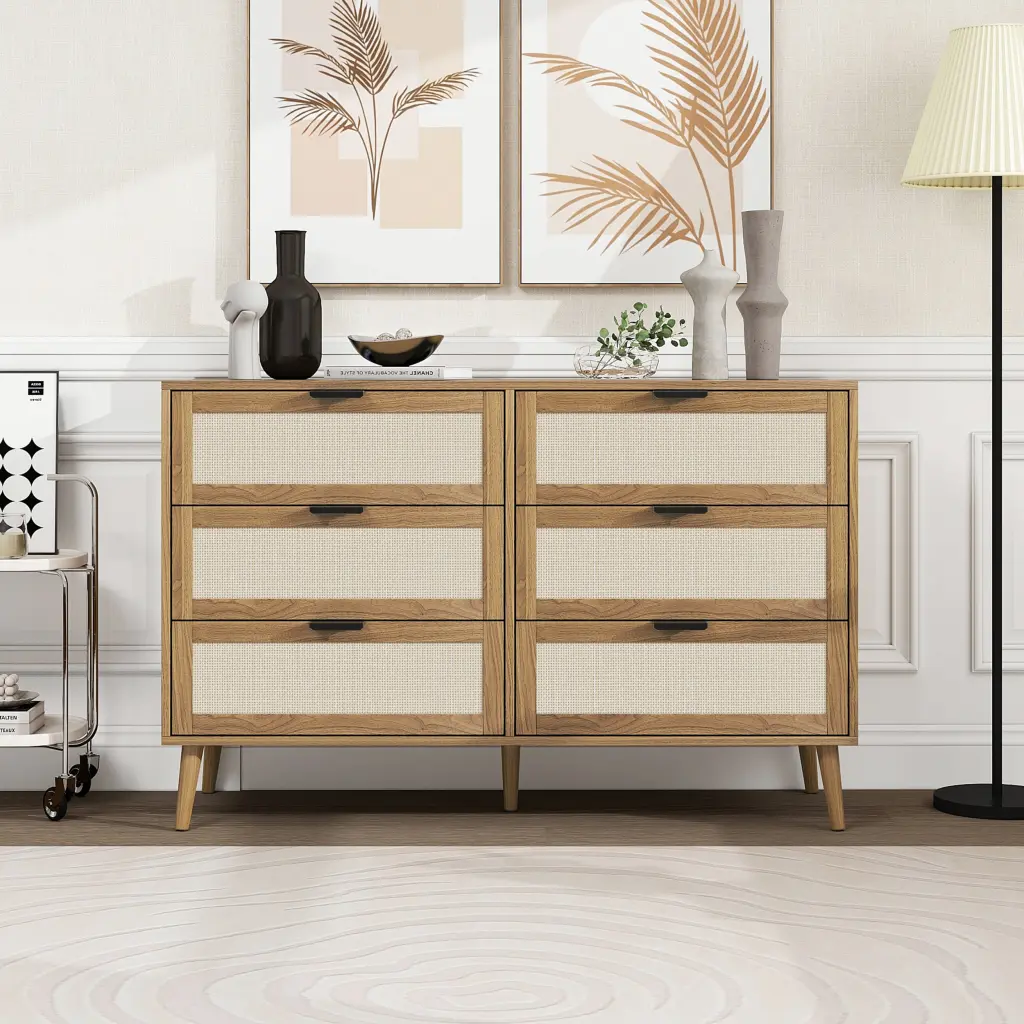 Modern 6 Drawer Dresser Wood Cabinet Walnut Walnut Particle Board Storage milestone homelife