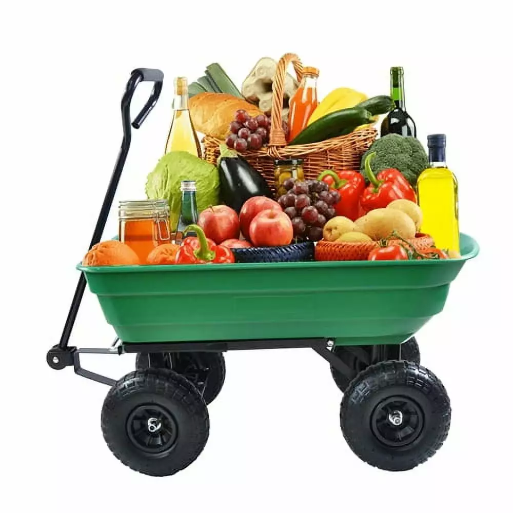 Folding car Poly Garden dump truck steel frame. 10 inches. Pneumatic tire. 300 pound capacity. 75 liter truck body