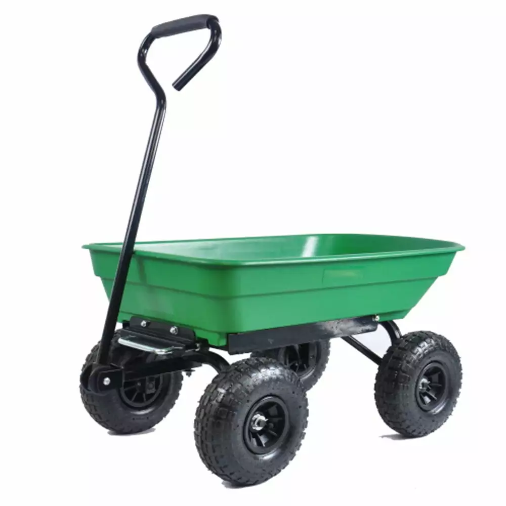 Folding car Poly Garden dump truck steel frame. 10 inches. Pneumatic tire. 300 lb capacity body 55L Green