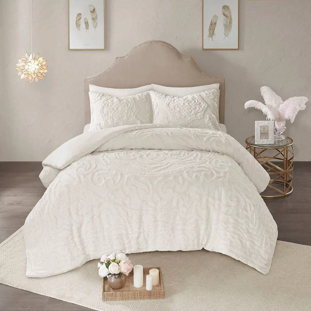 3 Piece Tufted Cotton Chenille Medallion Duvet Cover Set King Size Off White jla
