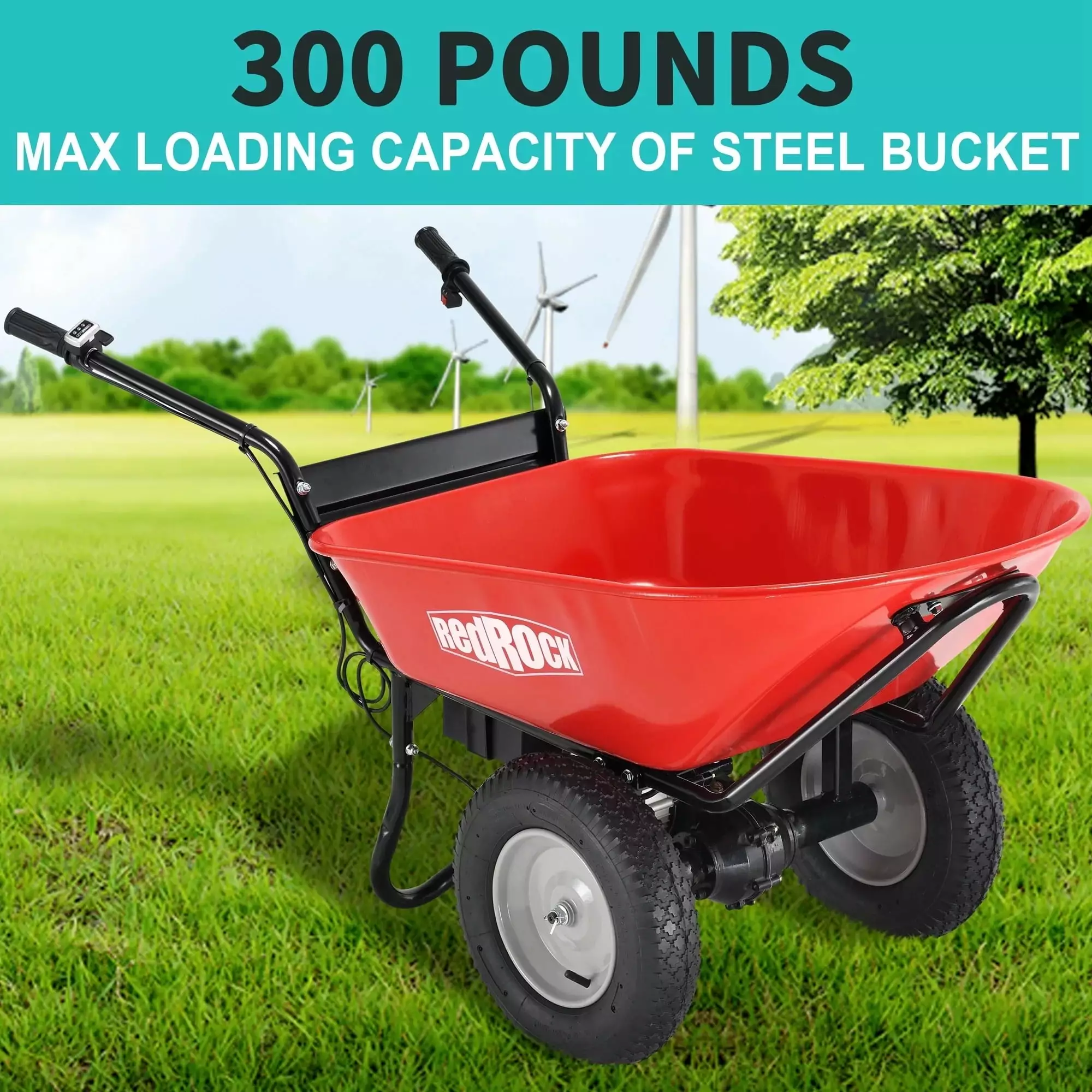 RedRock Wheelbarrow Utility Cart Electric Powered 24V DC 180W AGM Battery 330lbs (150kgs) Max Capacity Barrel Dump Materia...