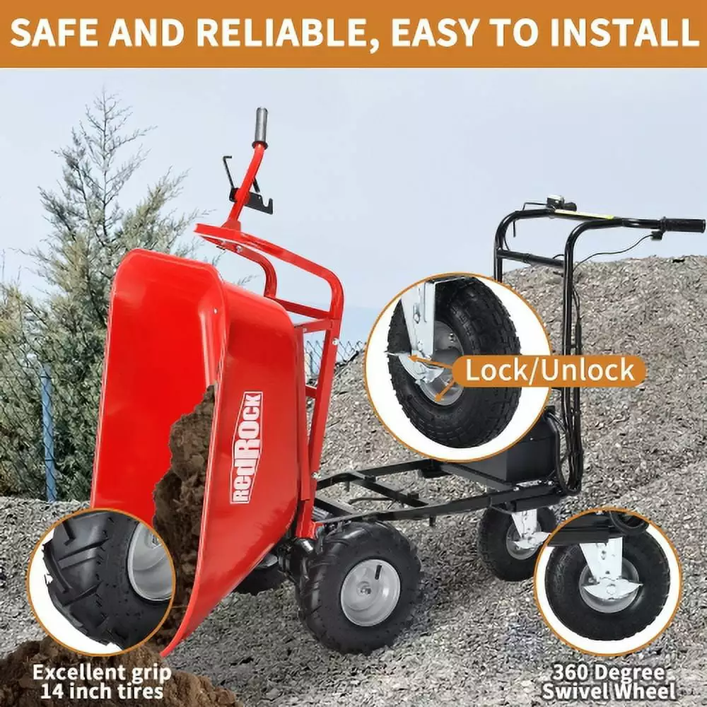 RedRock Wheelbarrow Utility Cart Electric Powered Cart 48V28Ah 500W Capacity 500lbs (230kg) Material Debris Hauler 1000lbs...