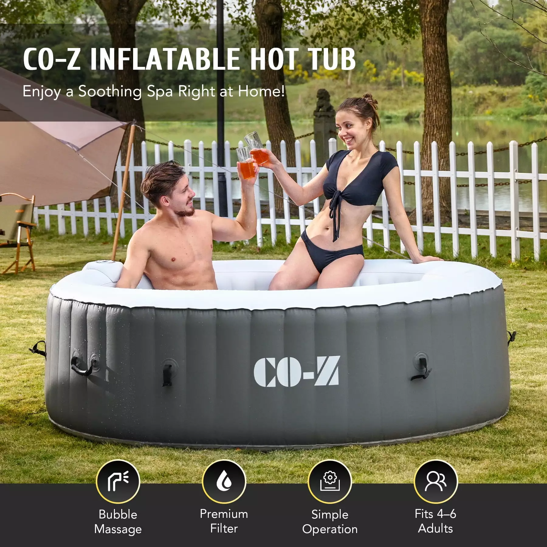 CO-Z 6 Person 7ft Inflatable Hot Tub Pool Massage Jets and All Accessories Gray