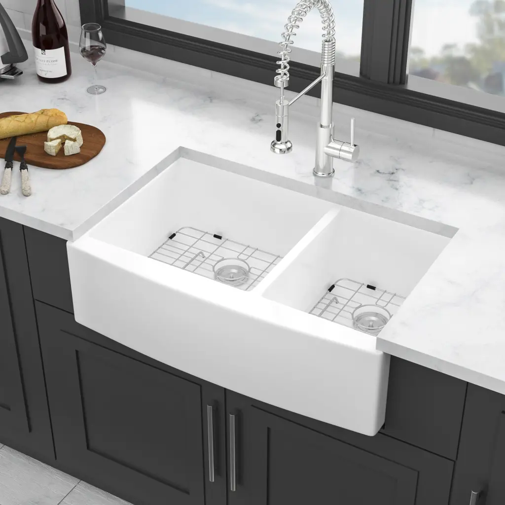 White Farmhoutilize Sink 33 Inch White Ceramic Double Bowl 60-40 Farm Kitchen lordear
