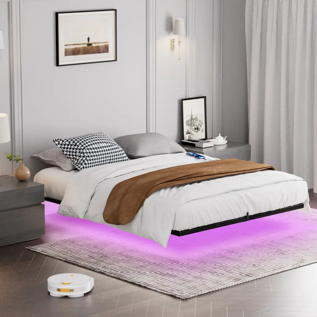 Floating Bed Frame Queen Size LED Lights and Charging Station Metal jhx