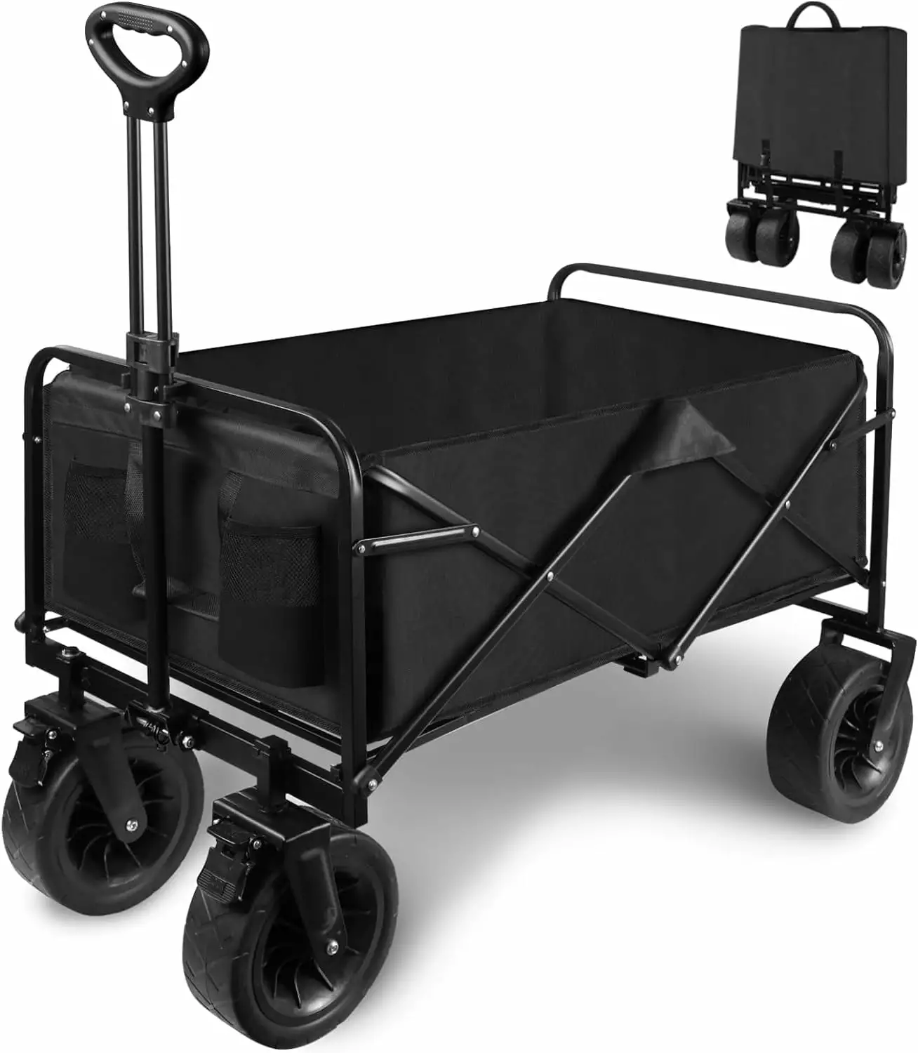 Collapsible Folding Wagon Cart. Large Capacity Outdoor Wagon Garden Cart All-Terrain Wheels & Side Pockets. Heavy Duty Uti...