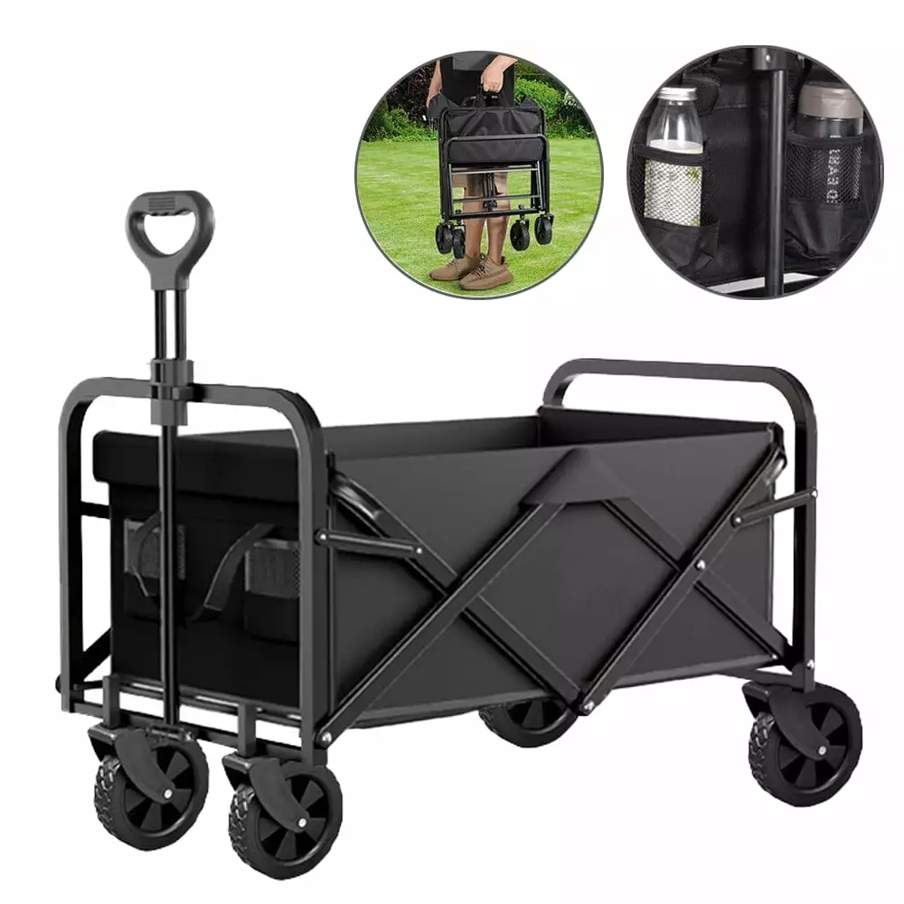 Folding Wagon Cart Collapsible Outdoor Utility Wagon Heavy Duty Garden Carts Travel-friendly Grocery Wagon Adjustable Hand...