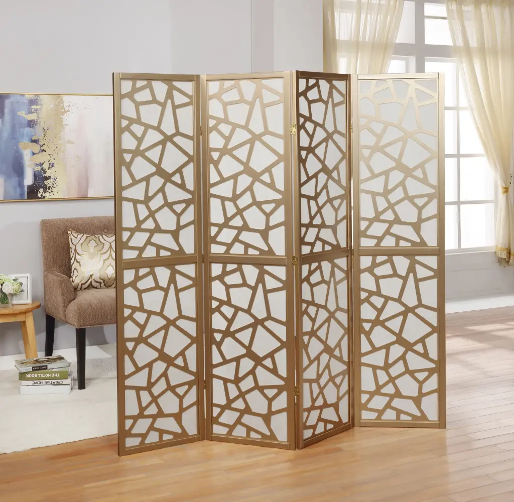 Giyano 4 Panel Screen Room Divider Gold Wood Paper Folding Partition hz