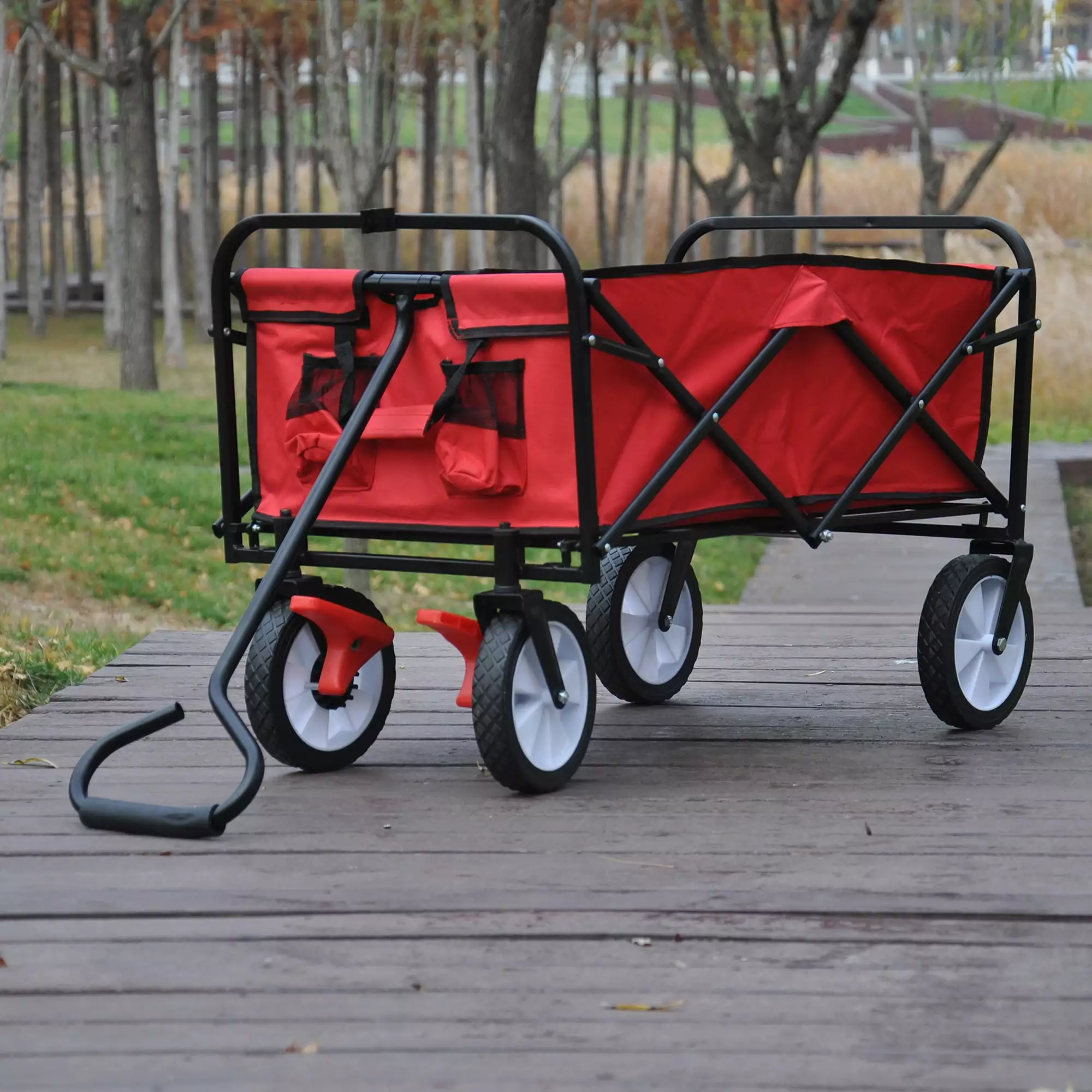 Aimee Lii Folding Utility Wagon Cart. Beach Wagon Big Wheels Sand. Collapsible Grocery Cart. Red