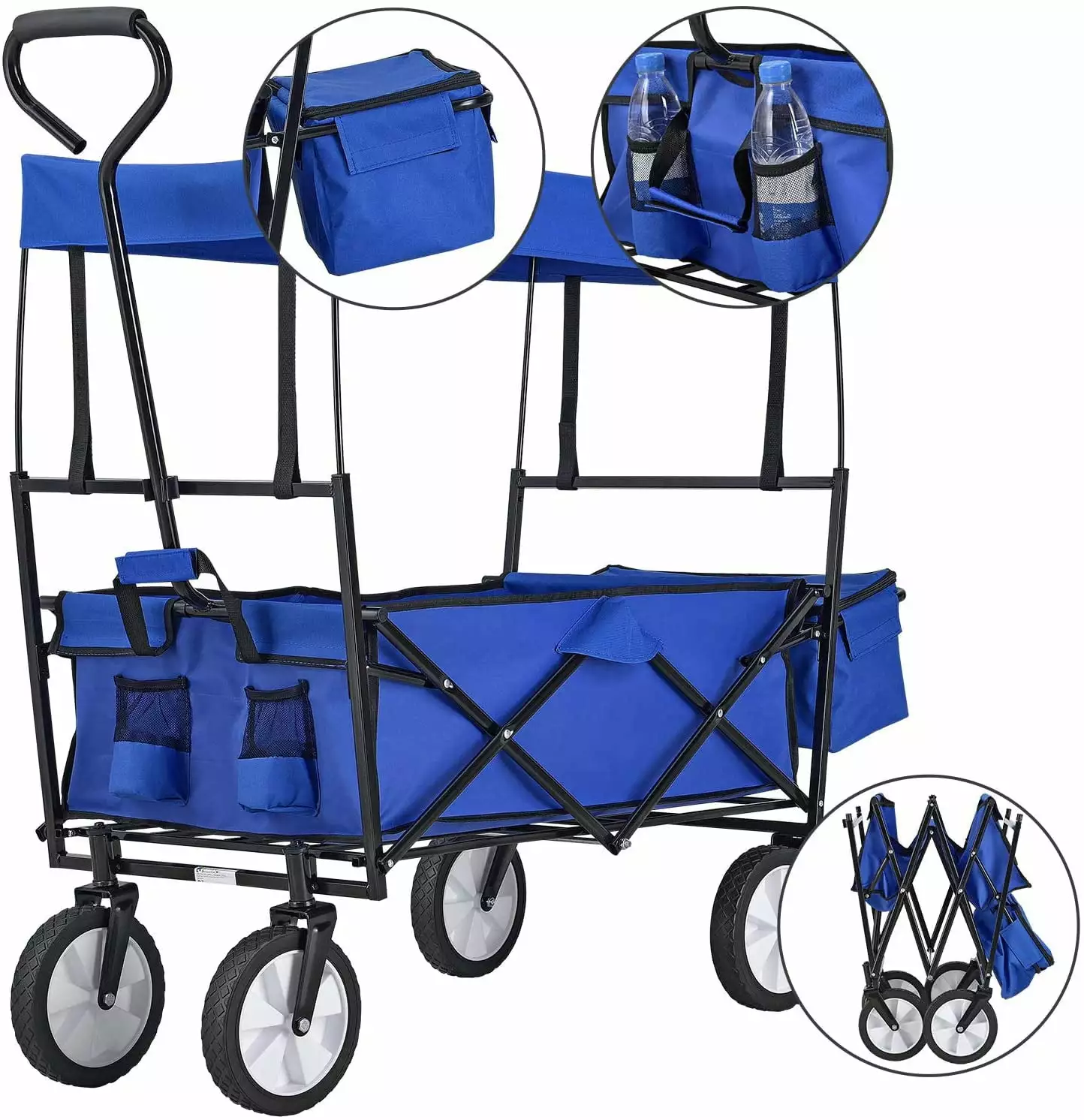Adjustable Heavy Duty Collapsible Folding Utility Car Long-lasting Garden Wagon 2 Mesh Cup Holders Camping Picnic Beach Wa...