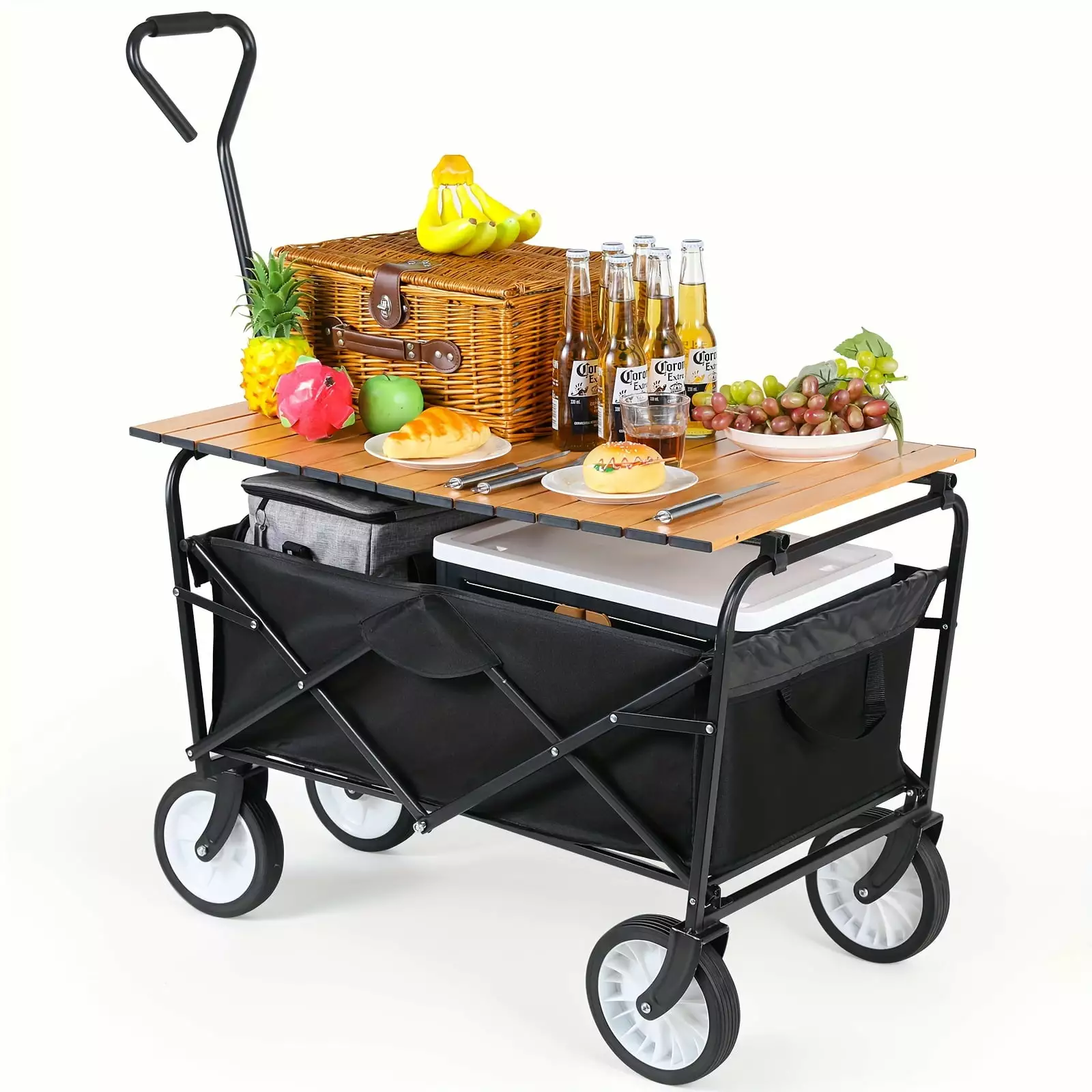 Collapsible Folding Wagon w/Table Plate. Heavy Duty Utility Beach Wagon Cart. Adjustable Handle Height Foldable Grocery Wa...